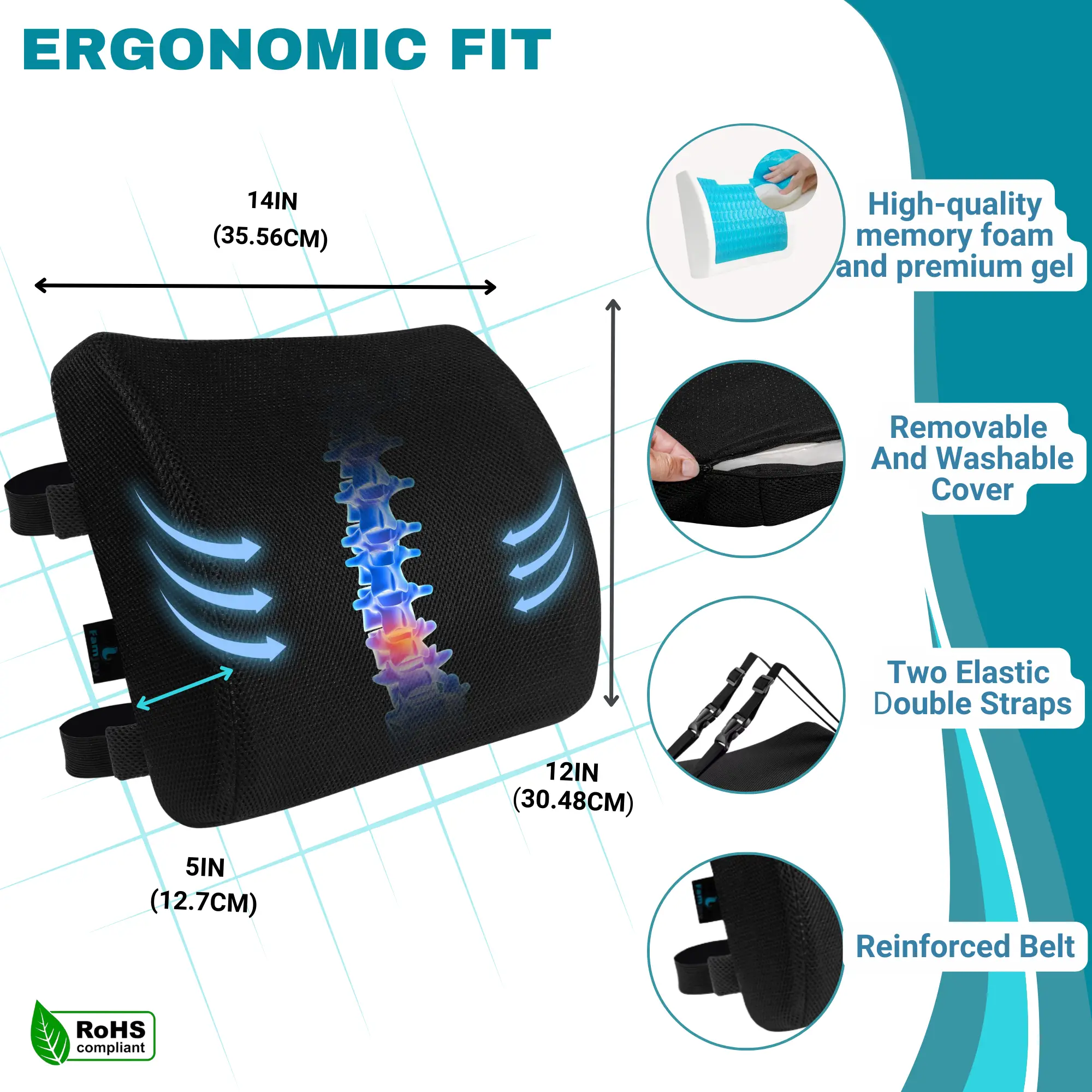 Famjoy ergonomic gel lumbar support cushion with adjustable straps and washable cover UK