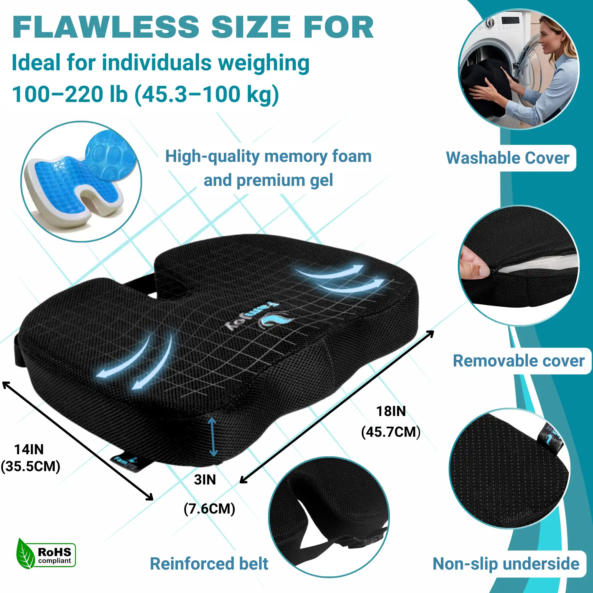 Famjoy gel and memory foam seat cushion 18 x 14 inch with washable cover and non-slip base UK
