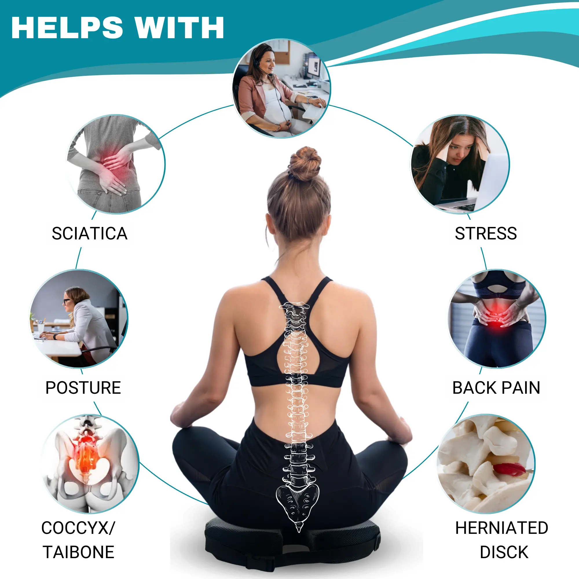 Famjoy ergonomic seat cushion helping with sciatica, back pain, posture and coccyx relief UK