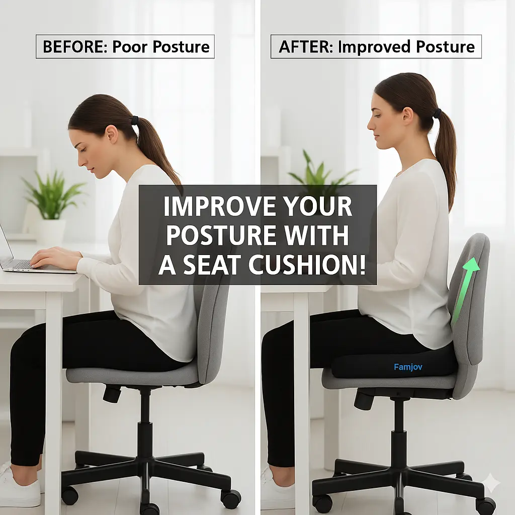 Poor vs improved posture using ergonomic memory foam seat cushion UK
