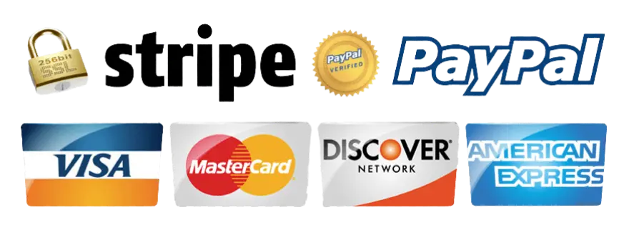 Secure payment methods including Stripe, PayPal, Visa, Mastercard and American Express UK